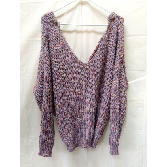 Main Strip Womens Sweater Large Lavendar Purple Knotted Front Mini Pom Pom - Picture 4 of 6